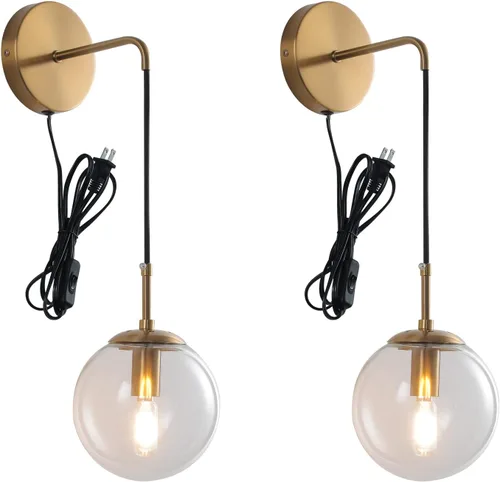 Miniatura 9 de Juego de 2 apliques de pared negros y latón dorados. Juego de 2 apliques de pared enchufables con pantalla de vidrio ámbar globo, lámparas de pared