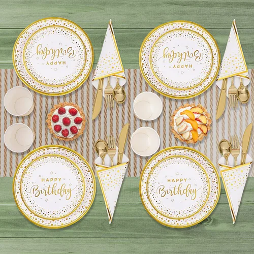 Miniatura 7 de 175 piezas de platos y servilletas de feliz cumpleaños suministros de fiesta, platos de papel dorado con puntos y servilletas con tenedores, Blanco