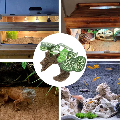 Miniatura 5 de Ipetboom Plantas de acuario, decoraciones de pecera, rama de esquina de reptil, rama de árbol trepador de resina con hojas, decoración de tanque