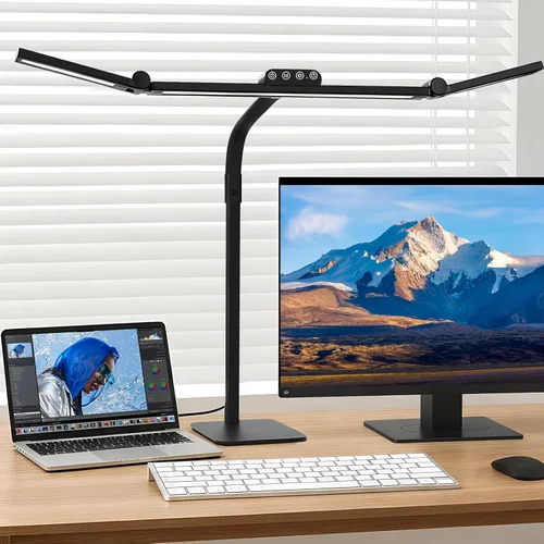 Lámpara LED de escritorio para oficina en casa con base, brazo oscilante de cuello de cisne ajustable de 28.2 pulgadas, luz de escritorio ultra Negro