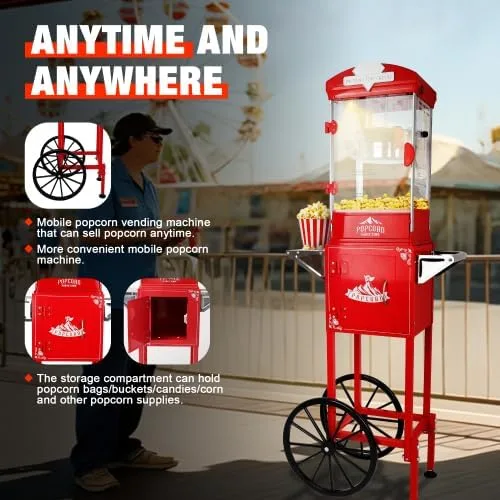 Miniatura 5 de Máquina de palomitas de maíz con ruedas de carrito, máquina de maíz con hervidor de acero inoxidable, con soporte, máquinas de palomitas de maíz