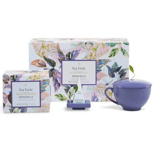 Tea Forte Demoiselle - Juego de regalo de té premium de 3 piezas con taza y tapa Indigo Cafe, bandeja de té y caja de presentación mini de 10