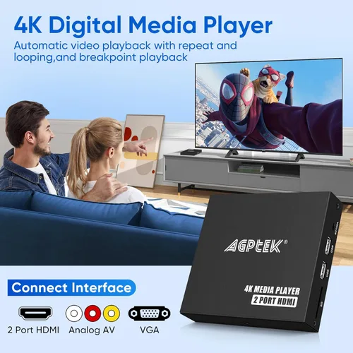 Miniatura 2 de Reproductor multimedia 4K @30Hz con salida dual HDMI, AV/VGA, divisor HDMI 4K, reproductor MP4 digital para 14TB HDD/512G USB/256G tarjeta SD/H.265