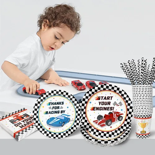 Miniatura 6 de Recheel Suministros para fiestas de coche de carreras, juego de platos y servilletas de papel con temática de carreras a cuadros para cumpleaños
