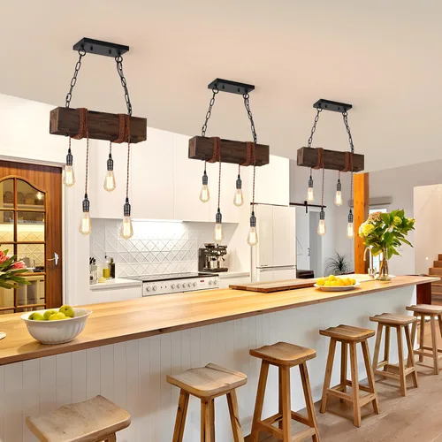 Miniatura 6 de KEESFU 4 luces colgantes de granja para isla de cocina, luz colgante de techo de madera rústica, altura ajustable, lámpara de comedor para isla