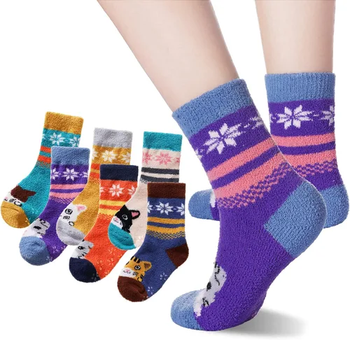Calcetines peludos para niños y niñas con agarres antideslizantes suaves cálidos acogedores para invierno mullidos para niños y niñas