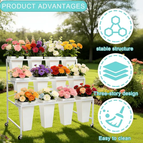 Miniatura 7 de Soporte de exhibición de flores de 3 niveles, soporte móvil de metal para plantas con 12 cubos, carrito de flores con ruedas, adecuado