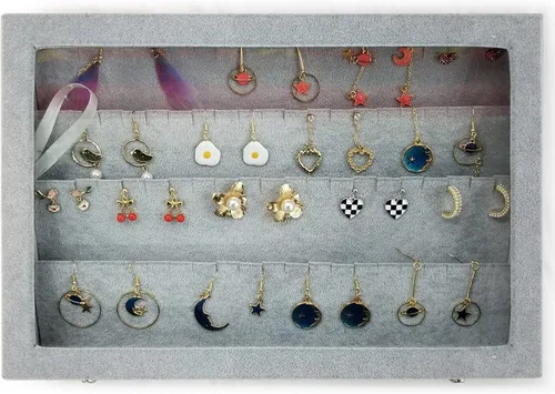 Miniatura 4 de Organizador de almacenamiento de pendientes de terciopelo de hielo con tapa transparente grande, caja de joyería, soporte para aretes, vitrina gris