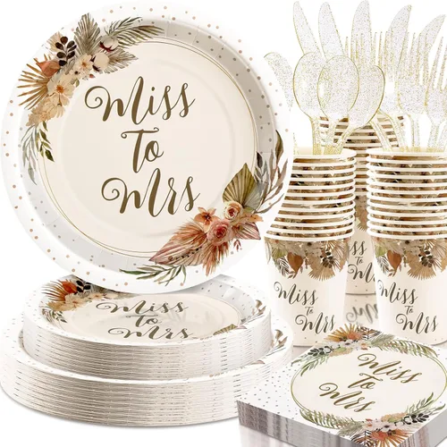 Decoraciones bohemias para despedida de soltera, 168 piezas de platos y servilletas para despedida de soltera para 24, Miss to Mrs, Love is in