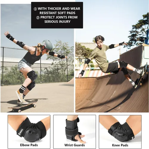 Miniatura 2 de Tanden Equipo de Protección para Patineta, Juego de Almohadillas para Rodillas y Codos, Almohadillas para Codos y Rodillas para Patinaje sobre Negro