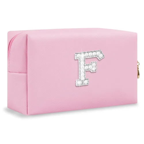 Miniatura 274 de Pequeña bolsa de maquillaje personalizada con inicial A-Z Preppy Patch, bolsa de cosméticos de viaje de felpilla blanca con cremallera, bonita bolsa