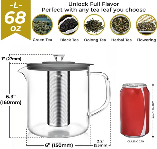 Miniatura 4 de Aquach Tetera de vidrio de 68 onzas con infusor – Apta para estufa y lavavajillas, tetera de vidrio de borosilicato sin plástico para té de hojas