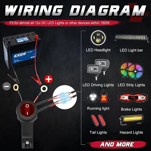 Miniatura 6 de OFFROADTOWN Kit de arnés de cableado para barras de luz LED de 2 cables con interruptor de manillar de motocicleta de 7/8" 12V 40A Relé Fusible