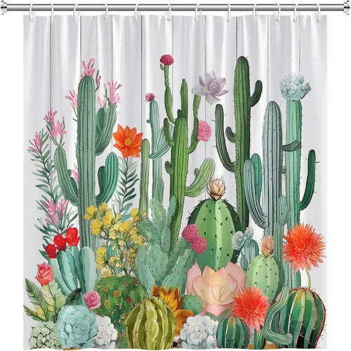 Miniatura 3 de Cortina de ducha de cactus tropical, suculentas, flores, desierto, acuarela, flores silvestres botánicas, retro, de madera brillante, juego