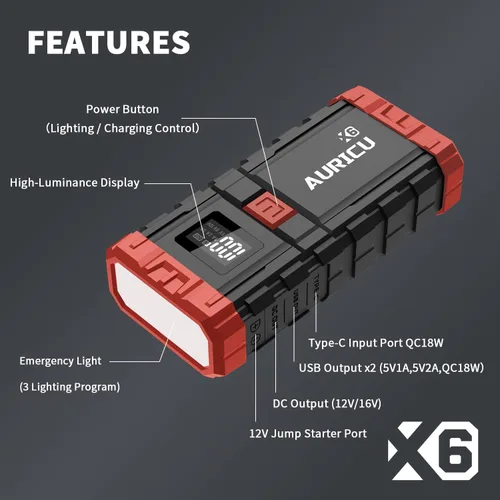 Miniatura 3 de X6 1600A Jump Starter Paquete de refuerzo de batería de litio de 12 V, caja de salto portátil, banco de energía y cables de puente para motores