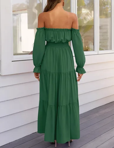 Miniatura 67 de ZESICA - Vestido largo, bohemio y sexy, con hombros descubiertos y manga larga fruncida, con elástico fruncido, cintura alta y abertura lateral