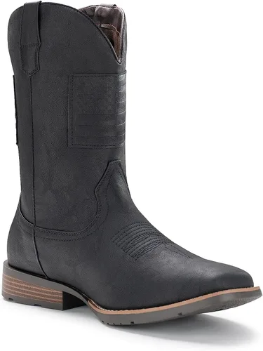 Miniatura 2 de IUV Botas vaqueras para hombre, botas occidentales tradicionales con bandera estadounidense, retro, punta cuadrada, botas de trabajo de campo