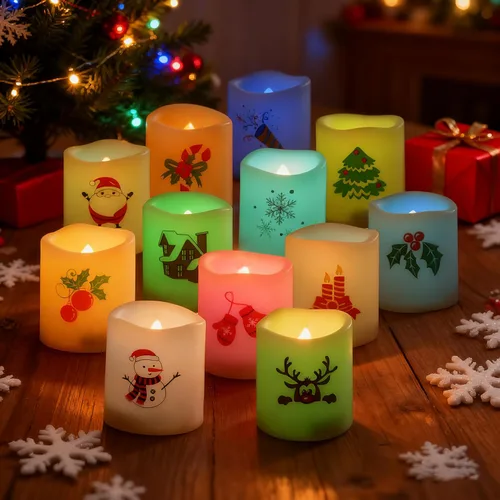 Candle Choice - Velas votivas sin llama de cambio de color navideño, operadas a batería, LED eléctricas pequeñas y realistas con decoraciones