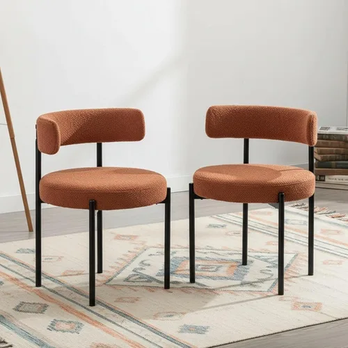 Miniatura 18 de Juego de 2 sillas de comedor Boucle, sillas de comedor beige con asiento tapizado y respaldo redondo, sillas de cocina modernas de mediados de siglo