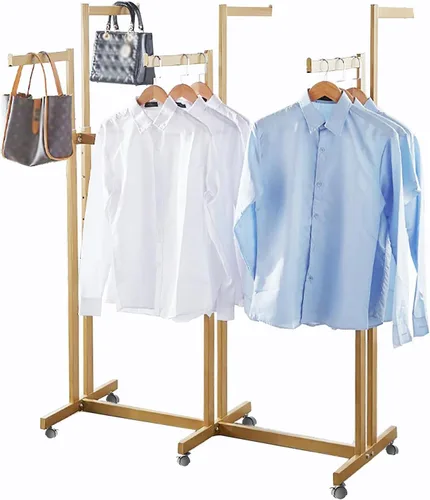 Miniatura 16 de Perchero de pie de metal para ropa - Estantes de exhibición resistentes para uso comercial con ruedas, perchero de ropa de 6 brazos, perchas
