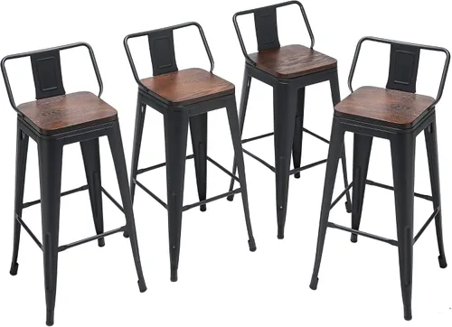 Miniatura 15 de Taburetes de bar de metal con respaldo, juego de 4 taburetes de altura de encimera de cocina con asiento de madera de 24 pulgadas, negro mate