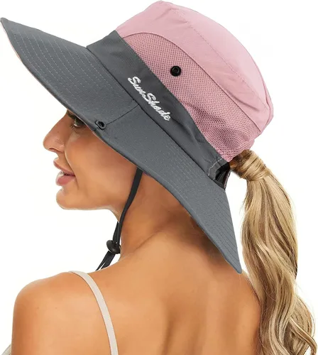 Miniatura 15 de Sombrero de sol de verano para mujer, cola de caballo – Protección UV de malla de ala ancha plegable con agujero para cola de caballo