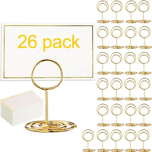 Paquete de 26 soportes para números de mesa y 26 tarjetas de lugar doradas, soporte para tarjetas de mesa, soporte para fotos, soporte para fotos