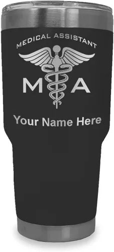 Miniatura 70 de LaserGram Taza aislada al vacío de 20 onzas, asistente médico MA, grabado personalizado incluido (rosa)