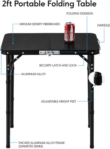 Miniatura 4 de YUFIFAIRY Mesa de campamento plegable pequeña, 24 pulgadas de largo x 16 pulgadas de ancho con patas de altura ajustable, todo negro