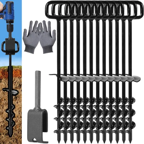 Miniatura 8 de Estacas de tienda de campaña de 16 pulgadas con 6 adaptadores resistentes, anclajes de tierra de tornillo, kit de enderezamiento de árboles, Negro