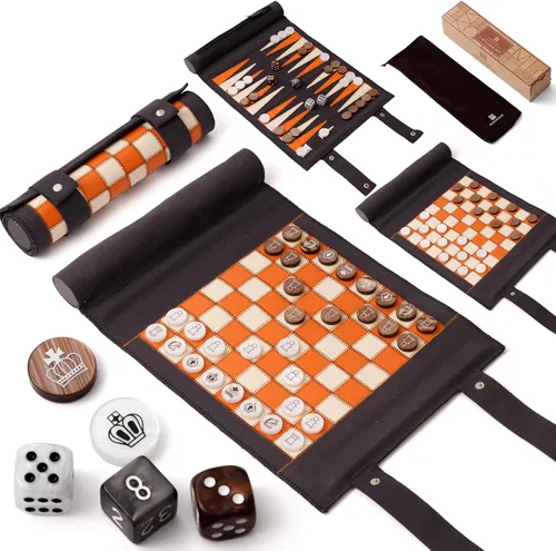 Woodronic Juego de backgammon de ajedrez de viaje 3 en 1, juego de backgammon de cuero enrollable con 32 piezas texturizadas de perlas y 5 dados,
