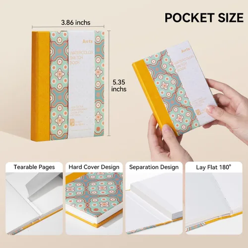 Miniatura 3 de Arrtx - Paquete de 2 cuadernos de bocetos de acuarela, 5.35 x 3.86, 140 libras, 300 GSM, papel 100% algodón, prensa en caliente, 40 hojas, diario