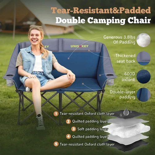 Miniatura 4 de Unisakey Silla de campamento doble, sofá biplaza acolchado de gran tamaño, silla plegable resistente de 650 libras con portavasos y bolsa