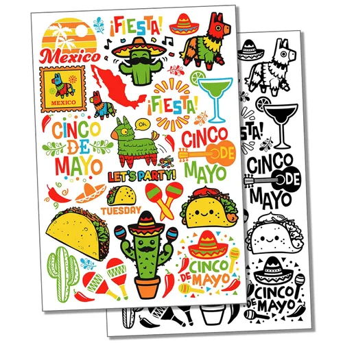 Juego de arte corporal falso resistente al agua para Fiestas Cinco de Mayo Tacos de México, color negro (una hoja)