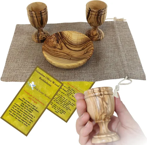 Miniatura 10 de Holy Land Market Juego de tazas y platos de comunión de madera de olivo, juego de comunión tallado a mano en Belén, para adoración de la iglesia
