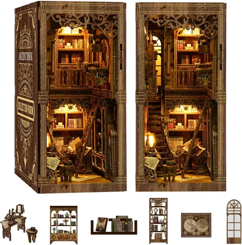 Miniatura 4 de Kit de rincón de libros de biblioteca antigua, rompecabezas 3D de madera con luz LED, modelo de estantería en miniatura, decoración cultural