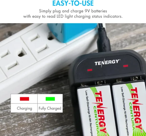 Miniatura 7 de Tenergy TN141 Cargador inteligente de 2 bahías 9V con paquete de 2 baterías recargables de baja autodescarga 9V NiMH Centura