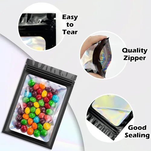 Miniatura 4 de 300 bolsas holográficas de mylar, 3 tamaños, bolsas a prueba de olores con ventana transparente, bolsas de papel de aluminio resellables