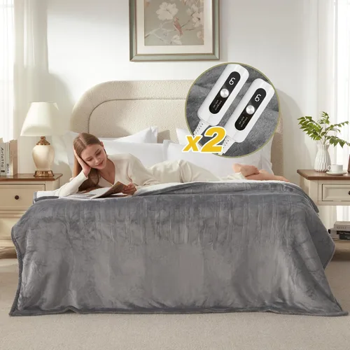 Miniatura 7 de Manta térmica de sherpa de doble cara, manta eléctrica de calefacción suave para cama, sistema de seguridad automático, 6 niveles de calefacción y 4