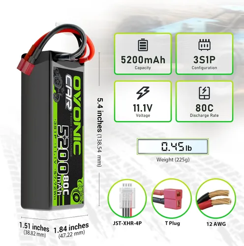Miniatura 2 de OVONIC Lipo - Batería de 11.1 V 80C 5200 mAh 3S con enchufe en T estilo Dean, batería rígida para autos a control remoto, barco, camión