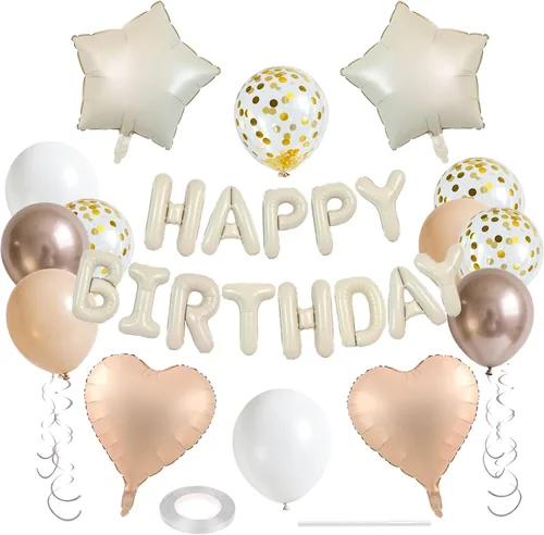 27 piezas de decoraciones de cumpleaños beige, letras 3D beige feliz cumpleaños, globos de papel de aluminio de corazón pentagrama, kit de globos de