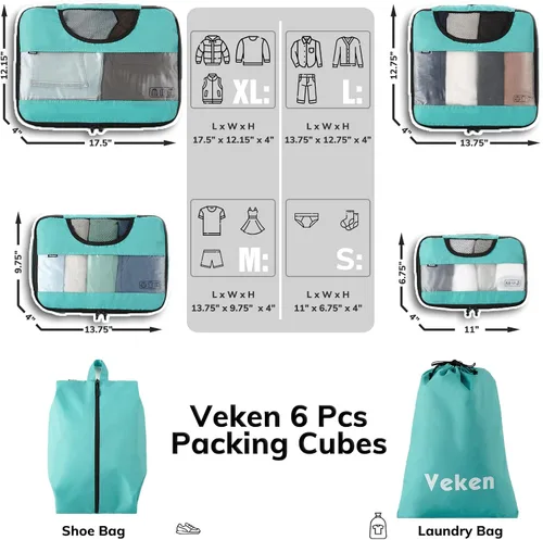 Miniatura 2 de 6 Set Packing Cubes for Suitcases, Travel Organizer Bags for Carry on Luggage, Veken Suitcase Organizer Bags Set for Travel Essentials Travel