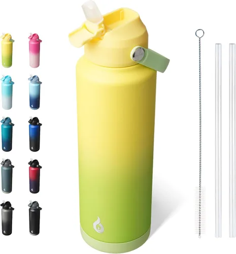 Miniatura 52 de BJPKPK - Botella de agua aislada con tapa de popote, 532 ml Botellas termo con boquilla suave, asa flexible y base antideslizante, libre de BPA, a