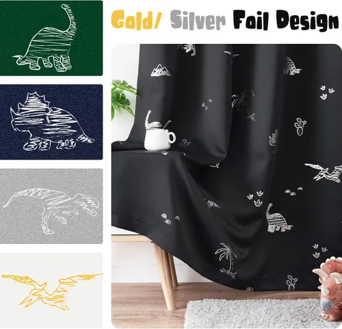 Miniatura 7 de Vangao - Cortinas para niños con impresión de dinosaurio en negro, cortinas opacas para guardería, habitación de niñas y niños, estampado plateado