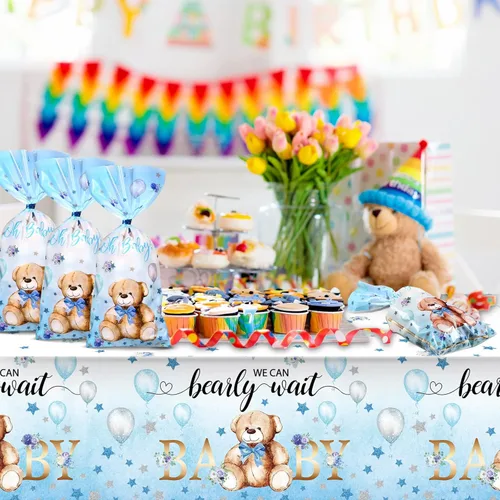 Miniatura 6 de Pajean Paquete de 100 bolsas de regalo de oso para baby shower, de celofán, bolsas de regalo de plástico a granel con lazos metálicos