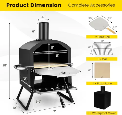 Miniatura 6 de Giantex Horno de Pizza al Aire Libre de Leña, Fabricante de Pizza de 2 Capas con Piedra para Pizza de 12 Pulgadas, Pala para Pizza, Rejilla