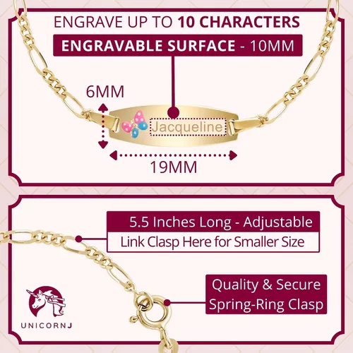 Miniatura 24 de UNICORNJ Pulsera de identificación de oro de 14 quilates grabable para niñas, niños y bebés, pulseras personalizadas con nombre de cadena Figaro