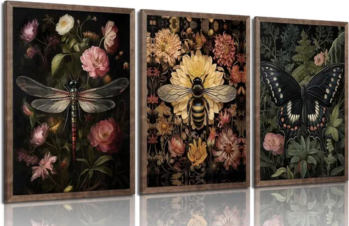 3 piezas de lienzo de plantas florales oscuras, arte de pared, vintage, insecto, abeja, libélula, mariposa, decoración de pared, cuadros de insectos
