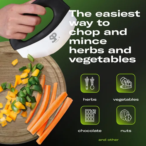 Miniatura 3 de Cuchillo picador de ensalada Mezzaluna de acero inoxidable, picadora de hierbas de doble hoja con cubierta protectora y asas ergonómicas para cortar