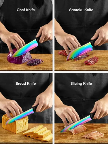 Miniatura 3 de Aiheal Juego de cuchillos, 16 piezas de acero inoxidable de alto carbono, juego de cuchillos de cocina de color arcoíris, hoja de revestimiento